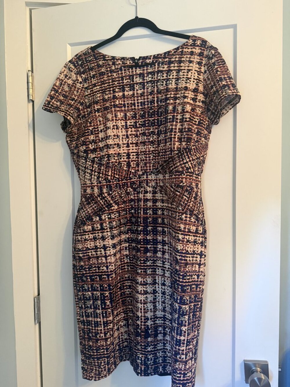 Ellen Tracy Purple Coral Tweed Print Short Sleeve Sheath Dress Size 16